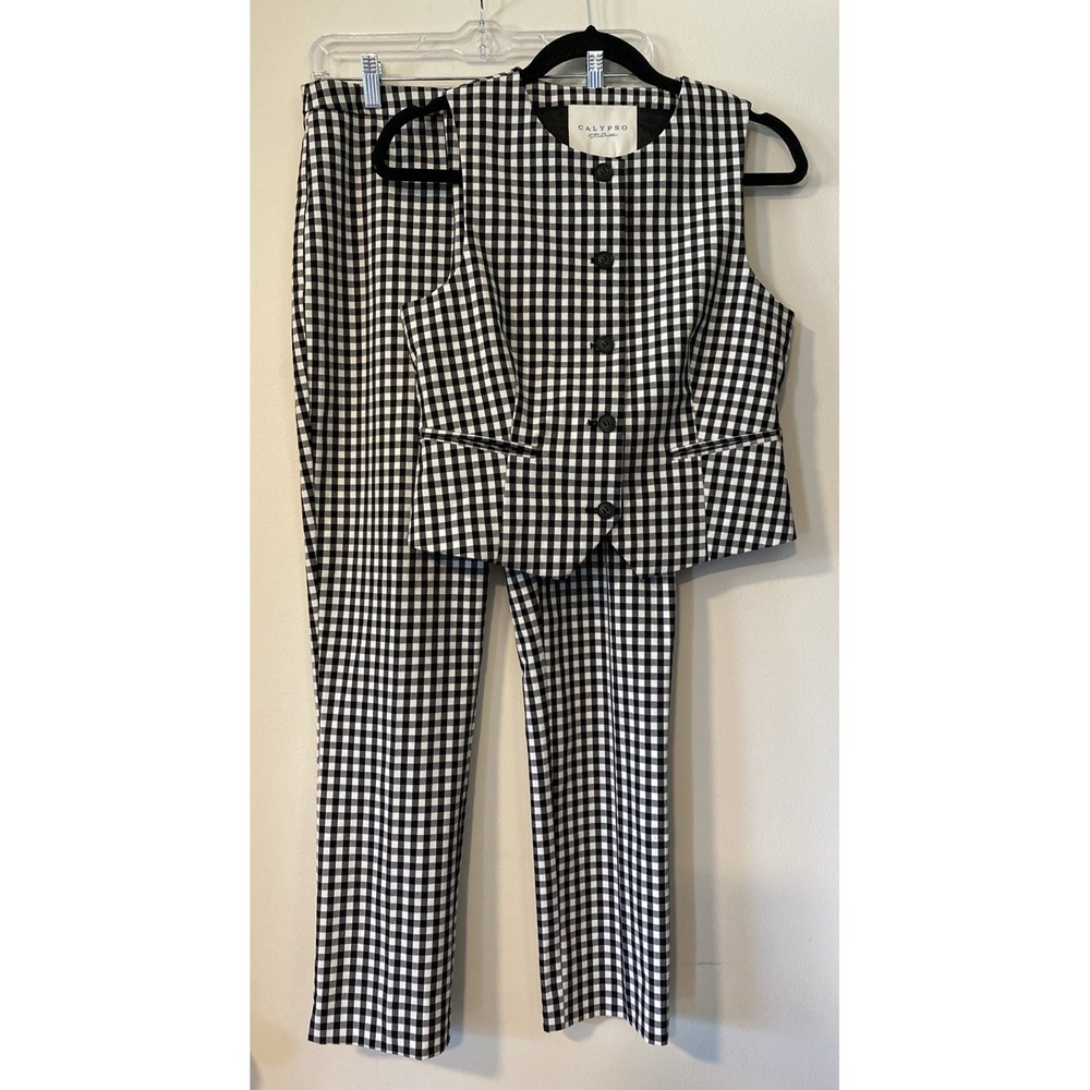 Calypso St Barth Gingham Vest and Pants Set Black and White 2 Piece Set Sz 6 (K